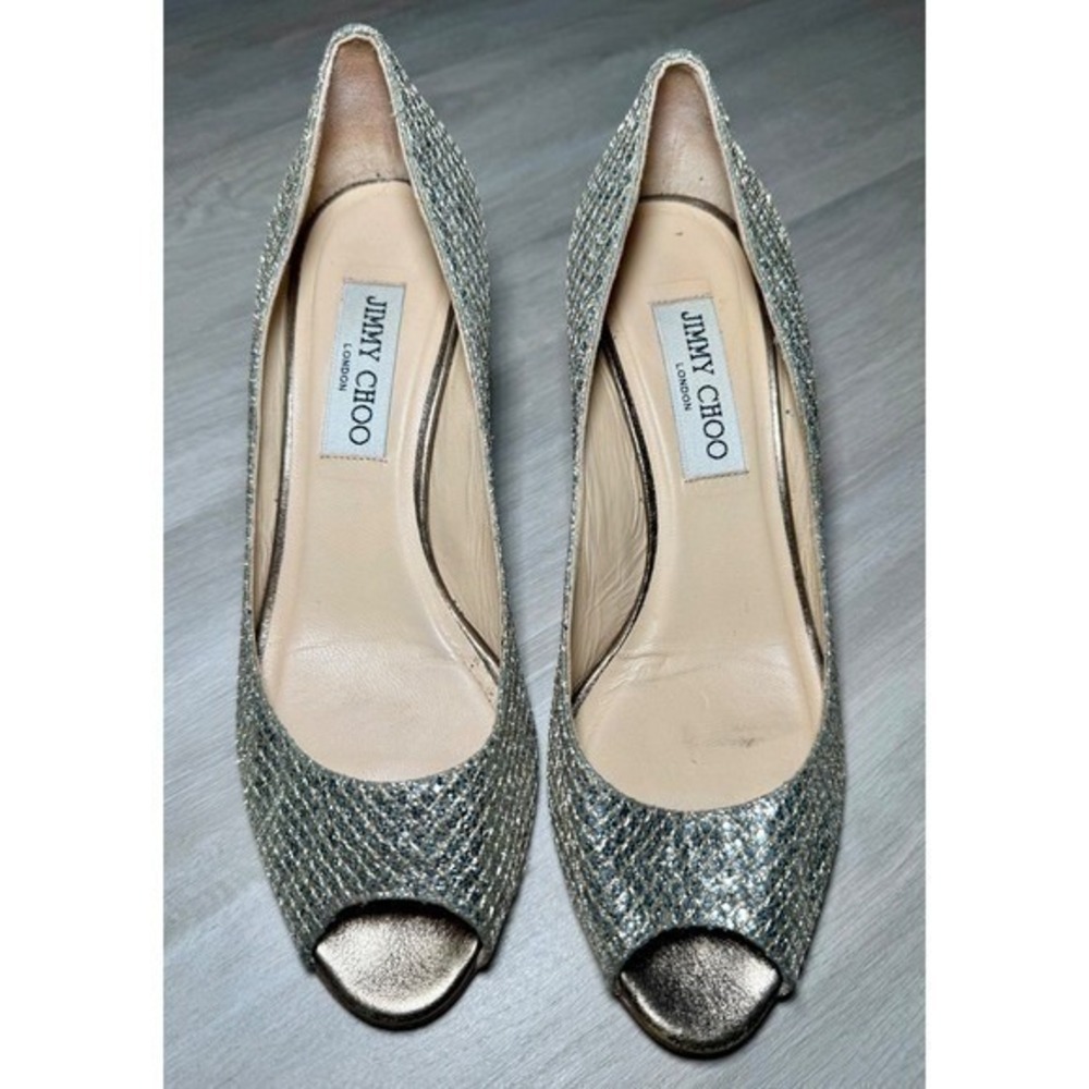 Jimmy Choo Silver Glitter Peep Toe Heels Size 37 us 6.5 Made in Italy